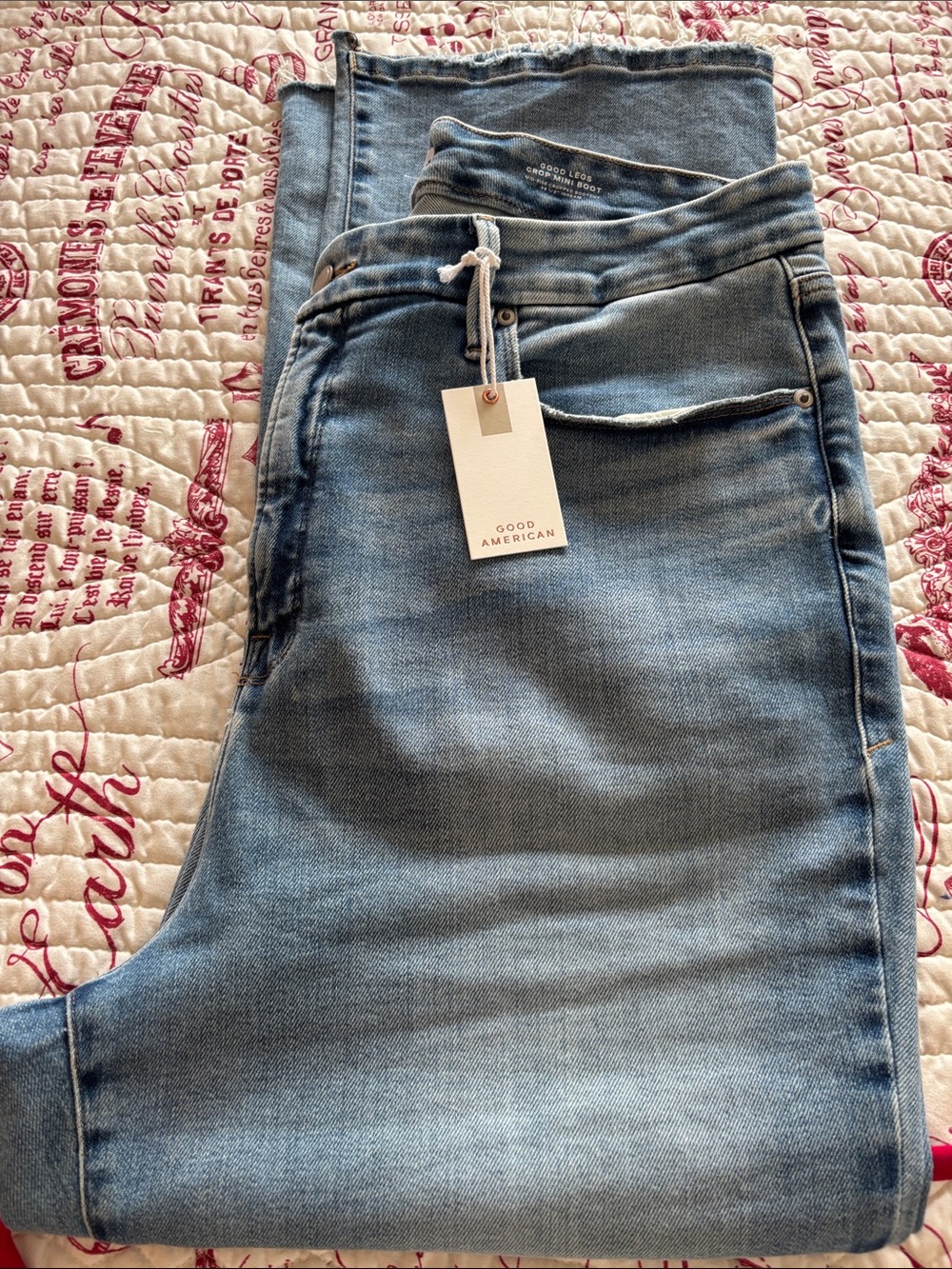 Good American Medium Wash Crop Mini Boot Jeans with Distressing SIZE 18